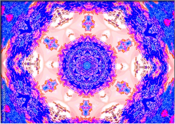 Fototapeta A vivid kaleidoscope pattern displays intricate symmetry with bright shades of blue, pink, and orange. The design radiates from a central hexagonal shape, creating a mesmerizing visual effect.