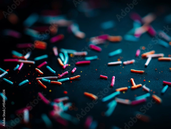 Fototapeta Colorful Sprinkles Scattered on a Dark Surface Create a Vibrant, Playful Aesthetic