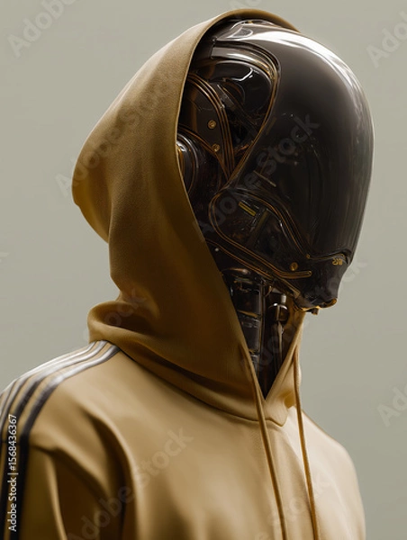 Obraz Futuristic humanoid figure wearing a beige hoodie with a sleek, reflective mask