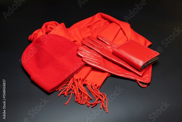 Fototapeta Set of autumn women's accessories: knitted hat, fringed scarf, leather gloves and wallet, all bright red, on a dark gray background. Stylish and harmonious fashionable image of a modern woman