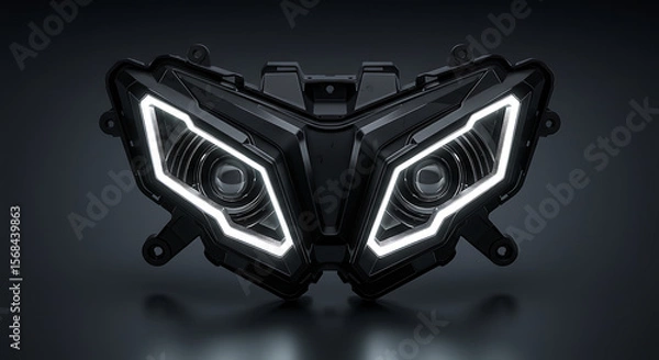 Fototapeta Sleek and aggressive front view of a modern motorcycle headlight assembly, showcasing futuristic design and advanced lighting technology. 
