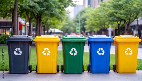 Fototapeta Multi-colored containers for separate waste collection on a city street.