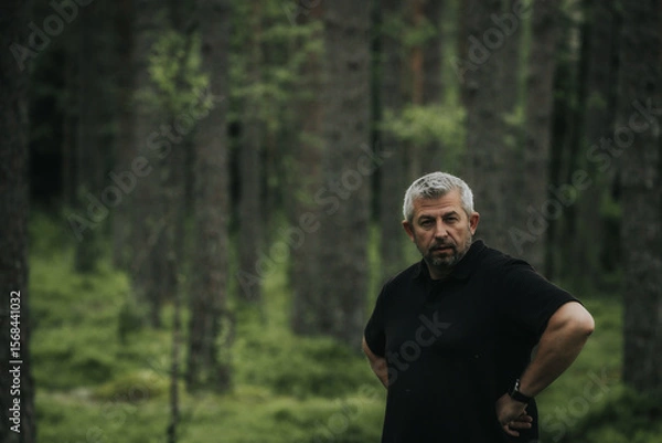 Fototapeta A mature man with gray hair and beard stands with hands on hips in a dense forest, wearing a black shirt and gazing slightly to the side with a serious expression.
