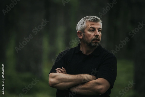 Fototapeta A man with gray hair and a beard stands with his arms crossed, looking up into a shady forest. He is wearing a black shirt, and his mood is contemplative and calm.