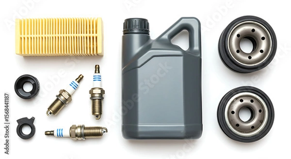 Fototapeta A comprehensive collection of essential car maintenance and service parts, neatly arranged in a top-down flat lay on a clean white background.
