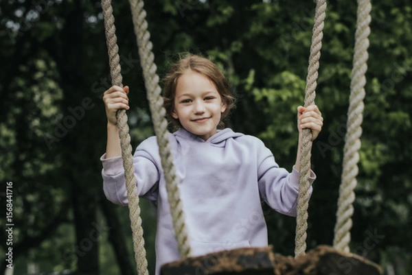 Fototapeta A cheerful girl in a lavender hoodie holds the ropes of a wooden swing in a park surrounded by deciduous trees and smiles directly at the camera. Natural daylight and greenery in the background.