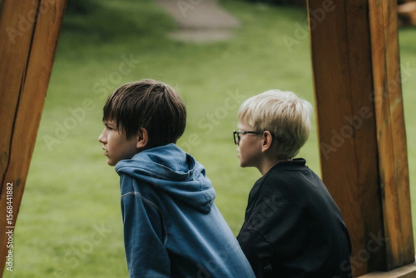Fototapeta Two boys sit side by side under a wooden structure, thoughtfully observing a green lawn. An informal outdoor setting with natural lighting and a wooden frame.