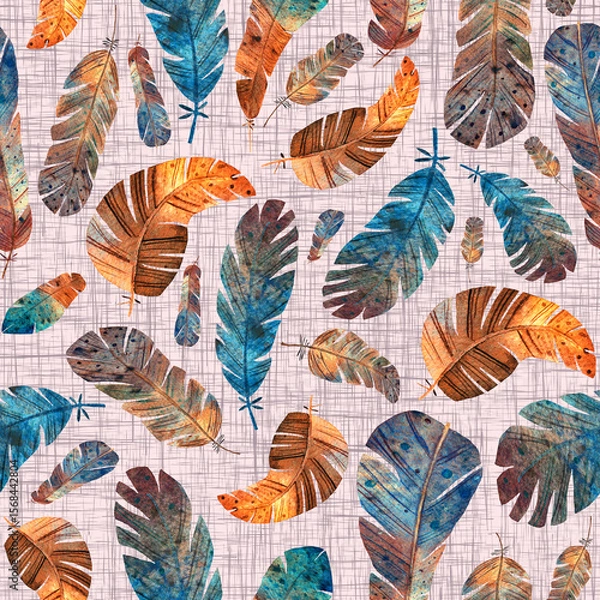 Fototapeta Pattern with hand drawn birds feather in watercolor technic. Endless print on light pink background with twill weave texture. Print for home textile, bed linen, women's wear.