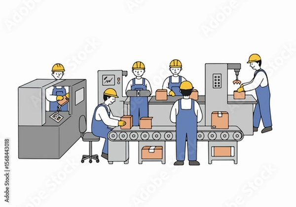 Fototapeta Illustration of workers on a manufacturing production line with machinery and conveyor belt packaging boxes in a factory setting.