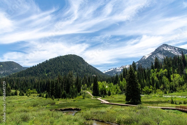 Fototapeta Panoramic view over the Donut Falls Boardwalk, green mountains and feather clouds in sky in Big Cottonwood Canyon with trail to a Donut Falls waterfall just outside Salt Lake City, UT, USA