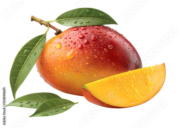 Obraz Ripe Red Mango with Green Leaves and Slice Isolated on a transparent background ripe mango