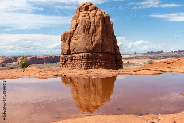 Fototapeta Sandstone formations seen from La Sal Mountains Viewpoint in Arches National Park, Utah, USA with rock formation reflected in pool of water and with balanced rock in far distance