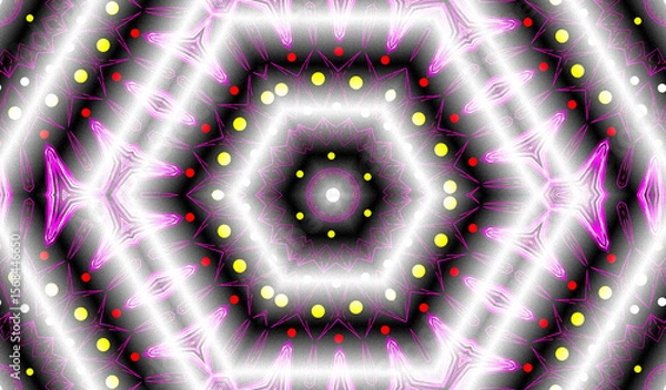 Fototapeta A symmetrical pattern radiates from a central point, featuring a kaleidoscope of colors including pink, yellow, and white. Geometric shapes and intricate light effects create a  hypnotic design