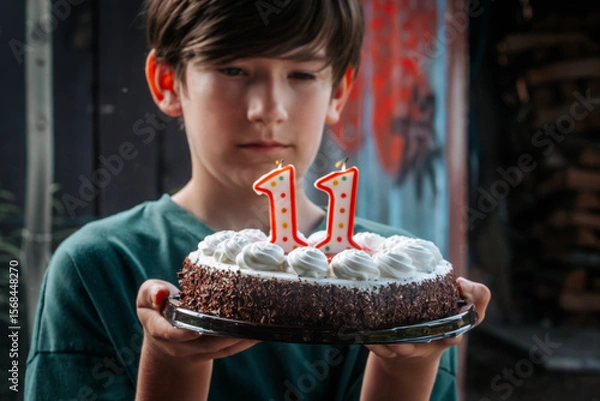 Fototapeta A boy holds a decorated strawberry cheesecake cake with chocolate on the edge. The 11th candle is lit on top of the cake, celebrating his 11th birthday. The background is softly blurred, highlighting 