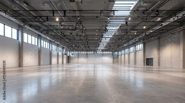Fototapeta Vast, empty modern exhibition hall with concrete floor and walls, flooded with natural light from high windows and skylights, ready for a large event.