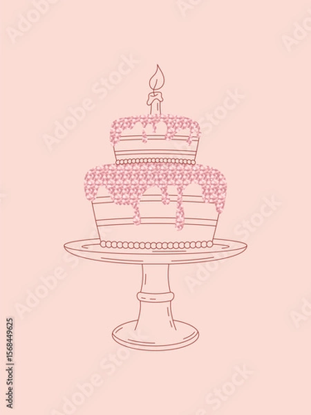 Fototapeta Hand-drawn birthday cake with pink floral frosting on a cake stand. Minimalist line art style on pastel background. Perfect for greeting cards, party designs, and invitations.