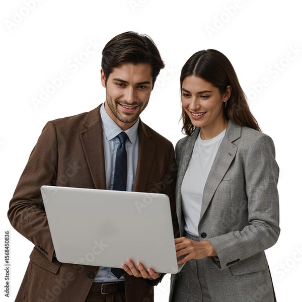 Fototapeta Two business professionals in suits collaborate using a laptop, showcasing teamwork and technology on a transparent background