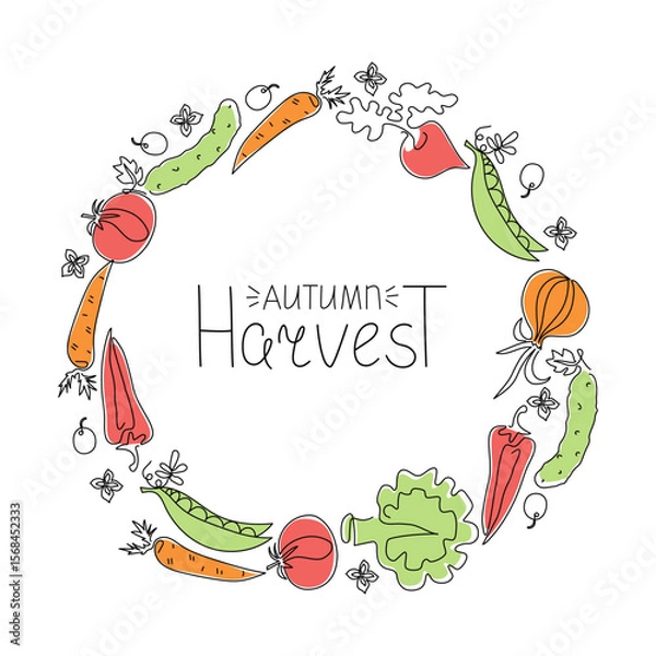 Obraz Frame, border with vegetables, line drawing, doodle. Vegetarian natural food. Line art icons. Healthy food. Vector graphics. Hand lettering. Autumn harvest. Blank background with space for text.