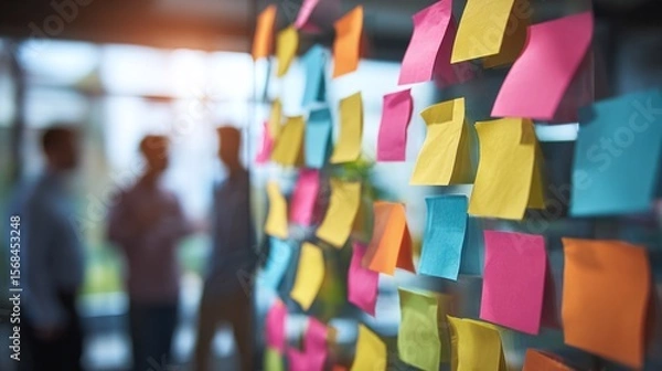 Fototapeta Brainstorming with colorful notes on glass. Collaboration in creative office. Teamwork and ideas generation. Planning and strategy concept.