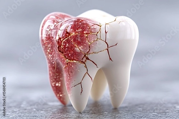Obraz Gold filling repairing a cracked molar tooth, exposing the nerve and leading to potential dental issues, emphasizes the importance of proper oral care and timely treatment