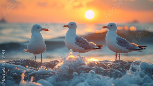 Fototapeta A seagull perches elegantly on the icy surface of a lake, illuminated by the warm glow of a sunset. Fellow birds gather in the background, adding to the serene winter atmosphere Generative AI