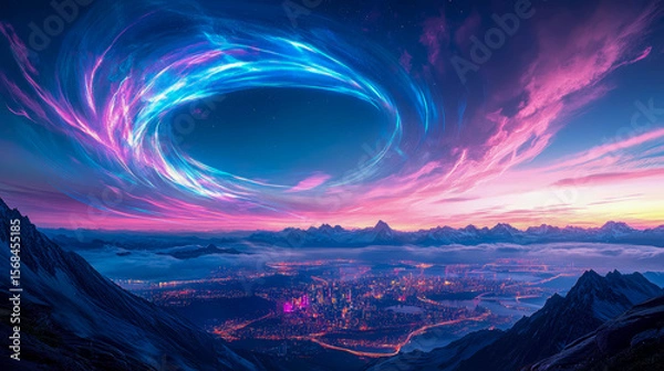 Fototapeta A breathtaking cosmic energy vortex swirling above a neon-lit futuristic metropolis nestled amidst majestic twilight mountains, digital artwork for science fiction concept.