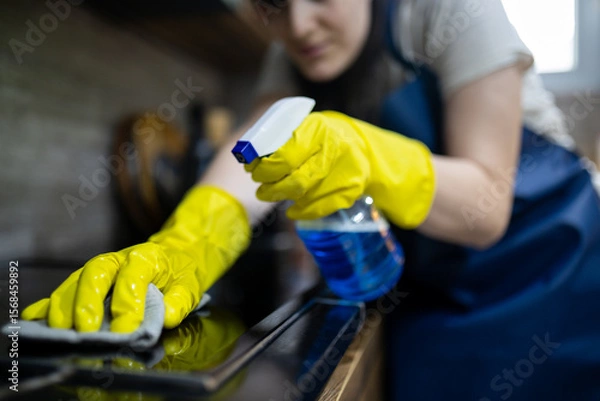 Obraz Cleaning kitchen surface with spray cleaner and cloth during daytime