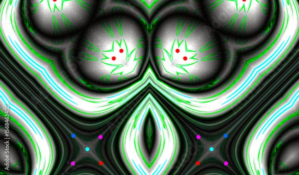 Fototapeta A symmetrical abstract design features bold green lines and red dots set against a dark background,  Curved shapes and vibrant accents evoke a sense of movement and depth.