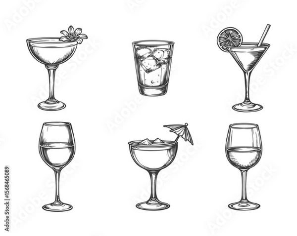 Fototapeta Hand drawn cocktail. Alcoholic drinks in glasses. Sketch juice, margarita martini. Cocktail with rum, gin whiskey vector set.
