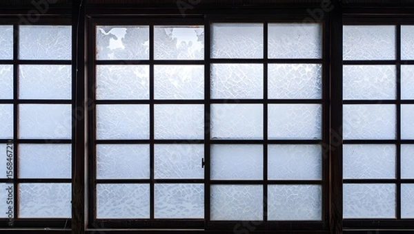 Fototapeta Frosted glass window panes with wooden frame for privacy and natural light indoors