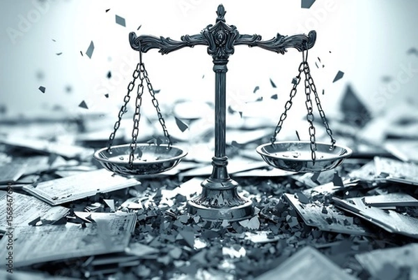 Fototapeta Broken scales of justice scattered state laws legal inconsistency visualization fragmented justice symbolism digital art