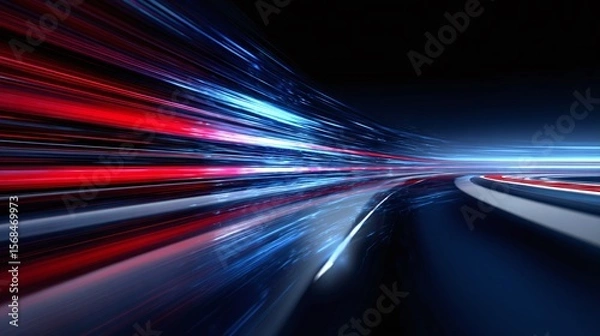 Fototapeta Abstract speed motion effect with streaks of light in red and blue hues. High-speed blur on a dark background conveys dynamic movement.