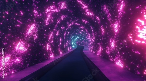 Fototapeta A neon tunnel stretches into the distance. Imagine a dark hall lit by glowing, triangular lights in pink and purple. It looks like a futuristic portal or a virtual reality space.
