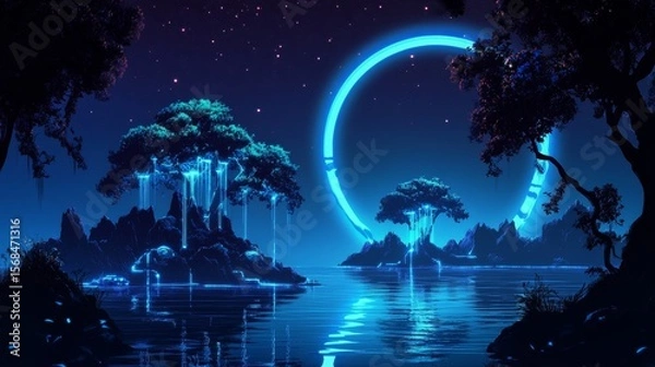 Fototapeta A night scene of the future with a strange land and island under the moon's glow. Blue neon lights reflect in the dark water against a dark circle.
