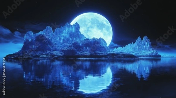 Fototapeta A night scene of the future with a strange land and island under the moon's glow. Blue neon lights reflect in the dark water against a dark circle.
