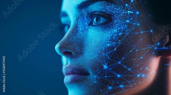 Fototapeta AI uses computer intelligence. It's shown with blue lines and dots. This connects digital ideas, science, and networks.
