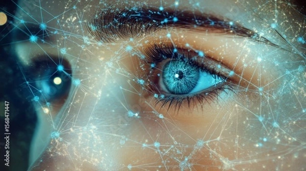 Fototapeta AI uses computer intelligence. It's shown with blue lines and dots. This connects digital ideas, science, and networks.

