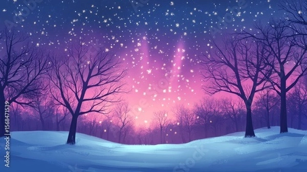 Fototapeta Aurora lights up the winter forest. See the starry sky and polar lights! A magical winter night with trees and the aurora. Go travel and see it!
