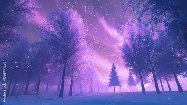 Fototapeta Aurora lights up the winter forest. See the starry sky and polar lights! A magical winter night with trees and the aurora. Go travel and see it!
