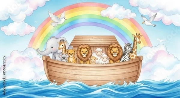 Obraz Noahs ark floats on the water under a rainbow