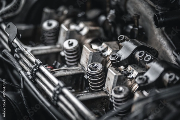 Fototapeta Intricate internal engine components of a vehicle are shown in a detailed close-up shot.