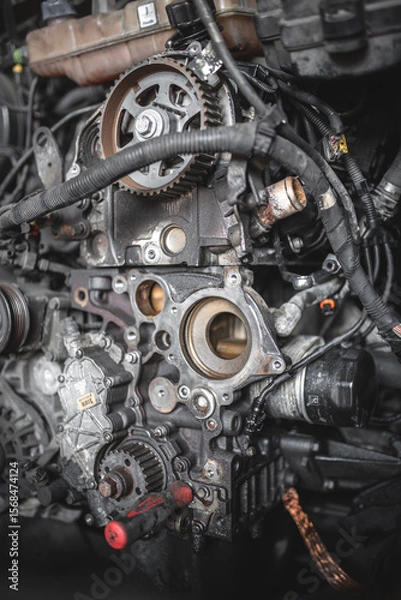 Fototapeta A detailed view of an engine's intricate mechanisms, featuring gears and belts in a car's mechanics.