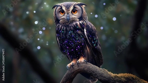 Obraz A mystical black owl adorned with rainbow sparkles perches with quiet power—nature meets fantasy in this dazzling full-body portrait.