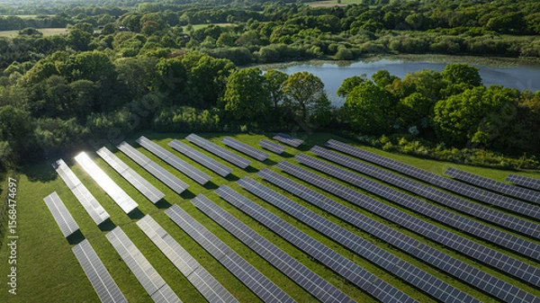 Fototapeta An expansive solar panel farm nestles in the green, serene landscape by a sparkling lake.