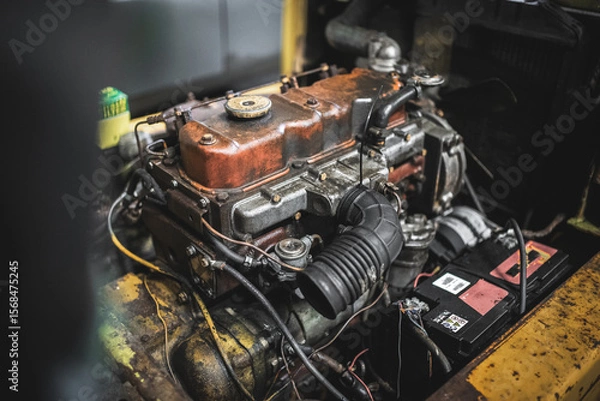 Fototapeta Detailed view of a vintage engine, highlighting the rusty exhaust system and mechanical parts.