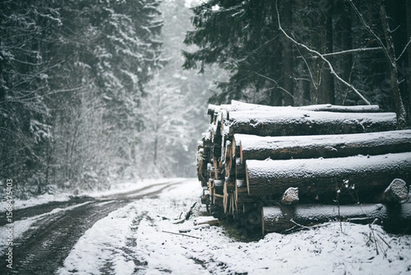 Fototapeta A snowy forest road guides through a serene winter woodland, with a pile of cut logs visible, Vilnius, Lithuania.