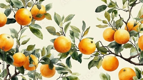 Fototapeta Beautiful watercolor illustration of orange trees with vibrant fruits and lush green leaves, creating a fresh and inviting atmosphere.