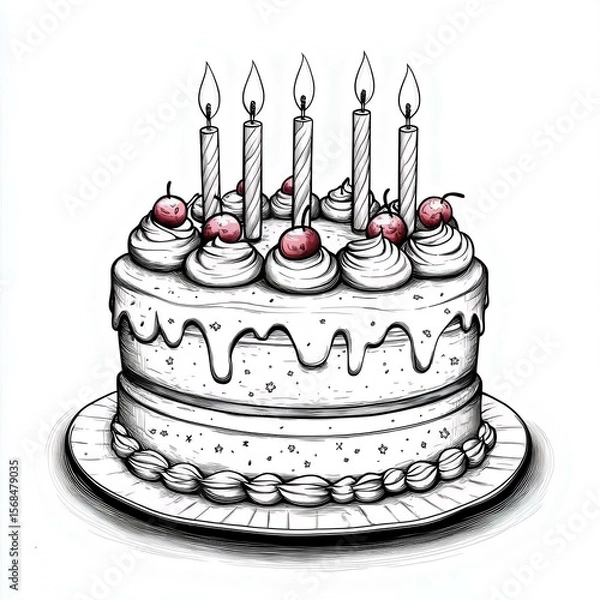 Fototapeta A beautifully decorated cake with five candles and cherries, perfect for celebrations and special occasions, featuring detailed frosting and a plate.