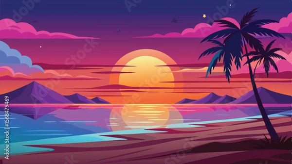 Fototapeta Vector Art Sunset Beach Scene with Palm Trees, Mountains, and Vibrant Sky Colors