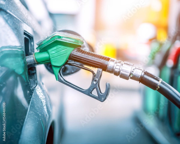 Fototapeta Fueling a vehicle at a gas station with warm sunlight illuminating the scene